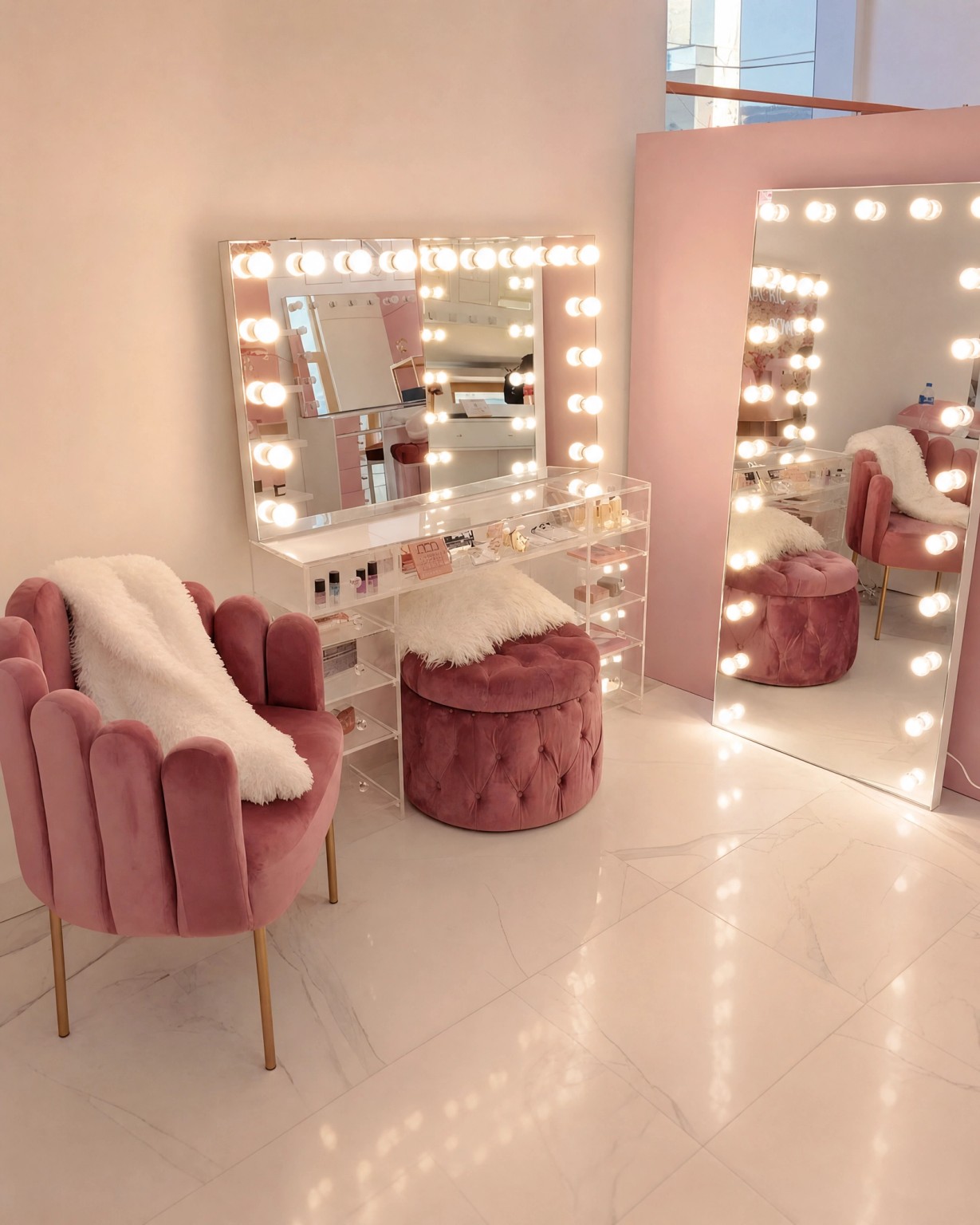 Rincón beauty con tocador transparente, espejo de pie y asientos rosas