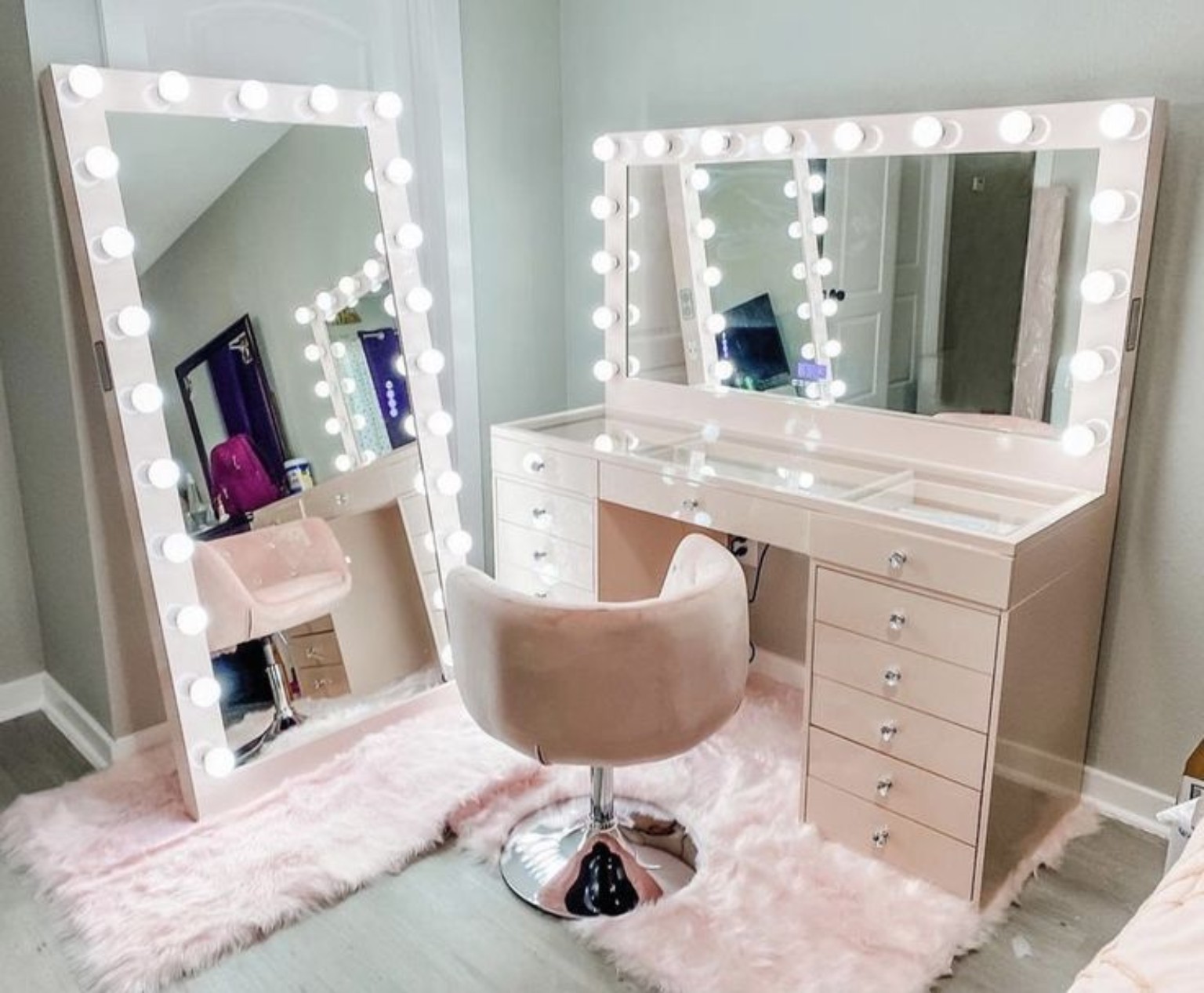 Conjunto completo de tocador blanco, espejo de pie y asiento